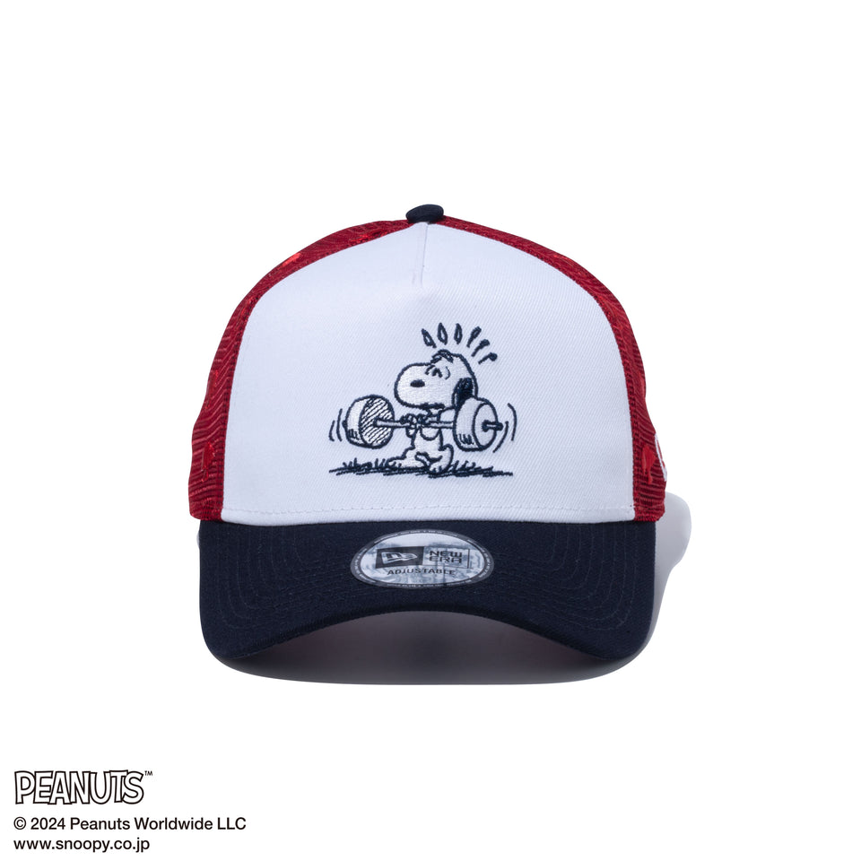 9FORTY A-Frame トラッカー PEANUTS ピーナッツ スヌーピー 重量挙げ ホワイト/レッド ネイビーバイザー
