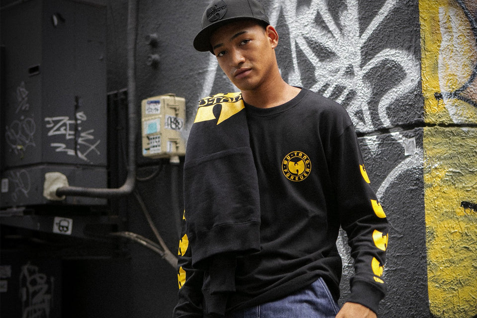 【ストア限定】 長袖 コットン Tシャツ WU-TANG CLAN ウータン・クラン スリーブロゴ ブラックオンブラック