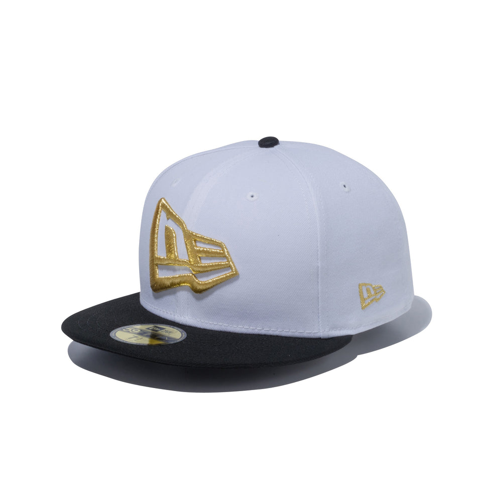 59FIFTY ビッグフラッグ ホワイト × メタリックゴールド ブラックバイザー