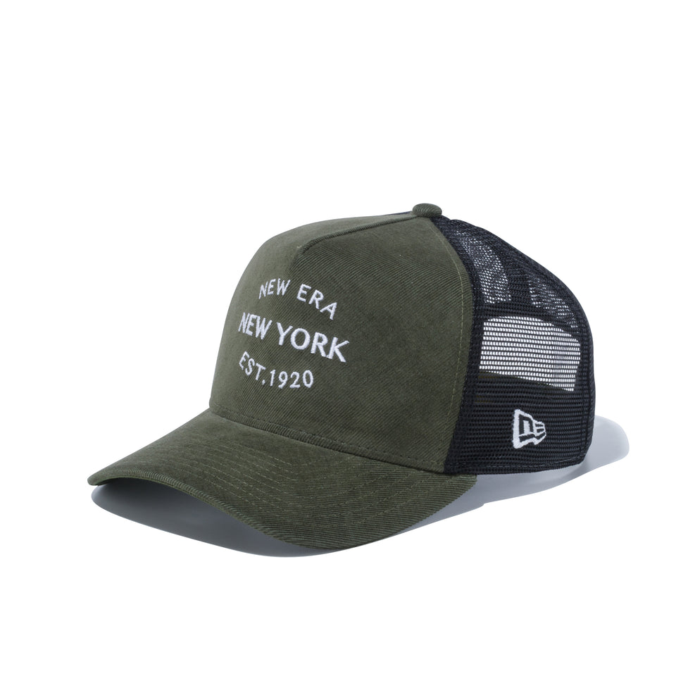 9FORTY A-Frame トラッカー マイクロコーデュロイ NEW ERA NEW YORK EST 1920 オリーブ / ブラックメッシュ
