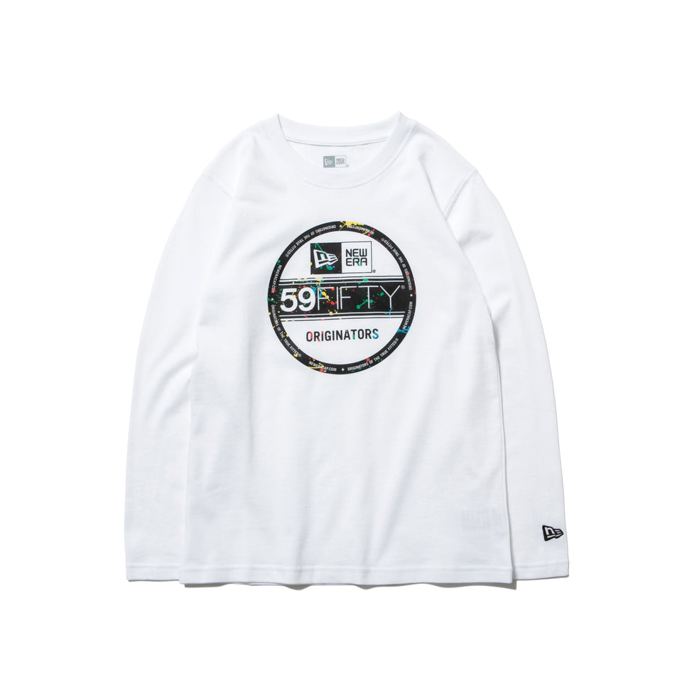 Youth 長袖 コットン Tシャツ スプラッシュペイント バイザーステッカーロゴ ホワイト
