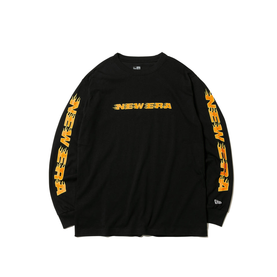 長袖 コットン Tシャツ ファイアーパターン ブラック レギュラーフィット
