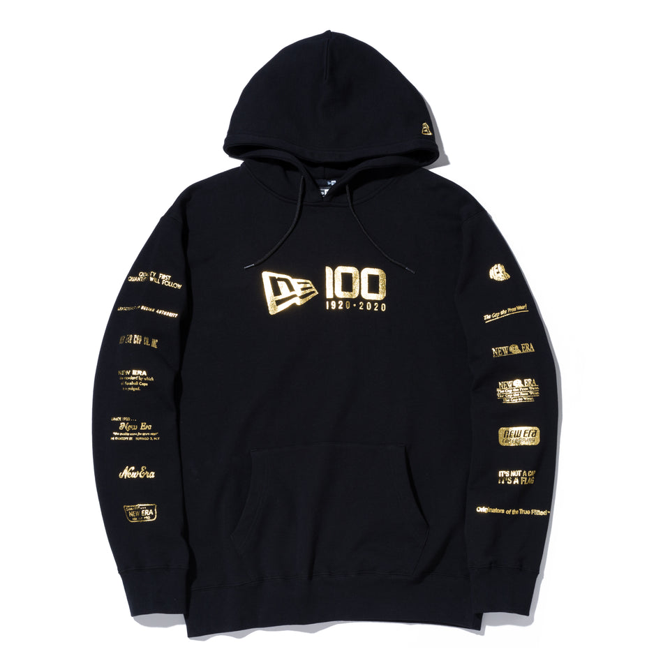スウェット プルオーバーフーディー NEW ERA 100周年 マルチロゴ フロント ブラック × メタリックゴールド