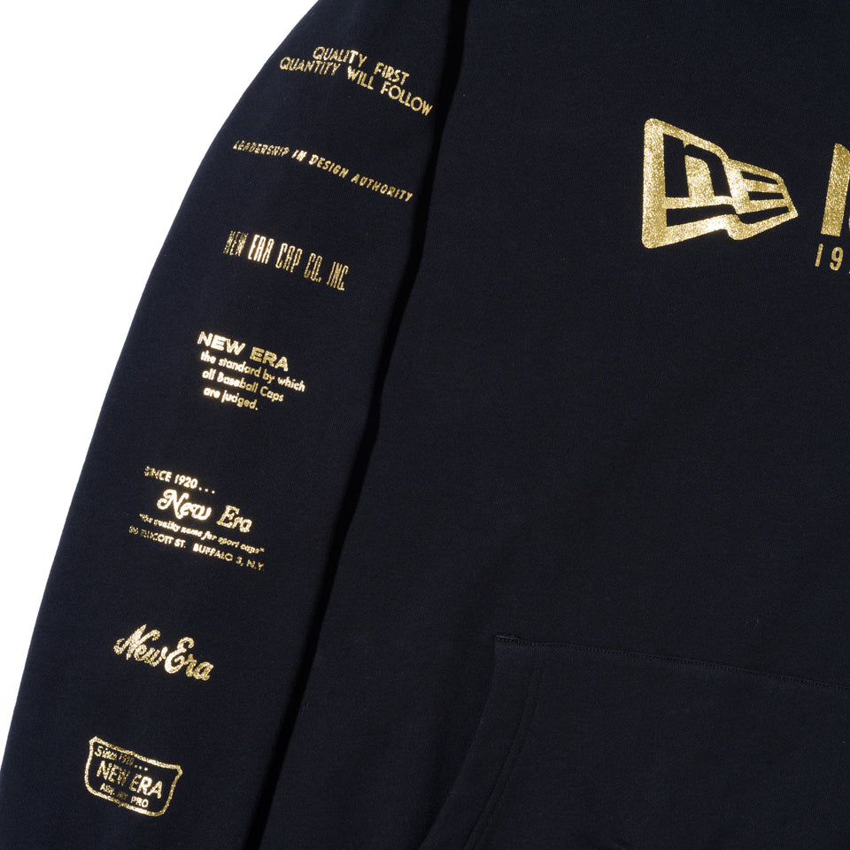 スウェット プルオーバーフーディー NEW ERA 100周年 マルチロゴ フロント ブラック × メタリックゴールド
