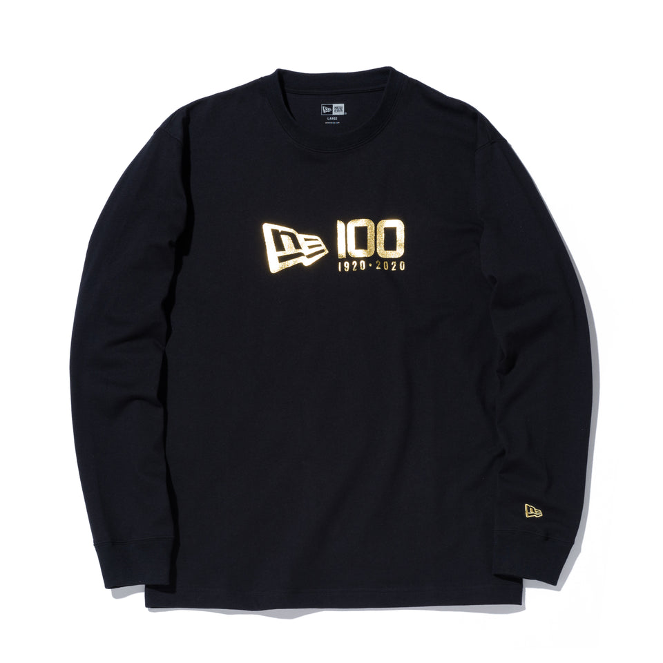 長袖 コットンTシャツ NEW ERA 100周年 マルチロゴ フロント ブラック × メタリックゴールド レギュラーフィット