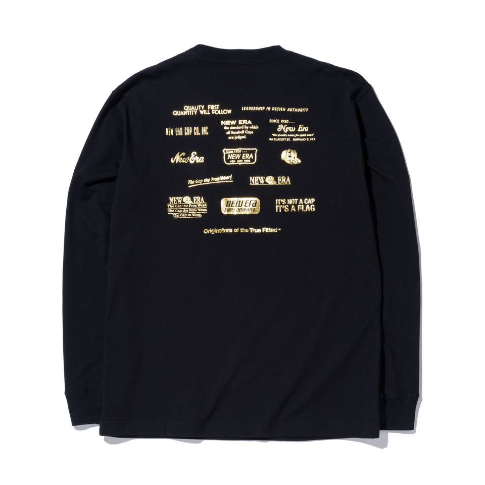 長袖 コットンTシャツ NEW ERA 100周年 マルチロゴ フロント ブラック × メタリックゴールド レギュラーフィット