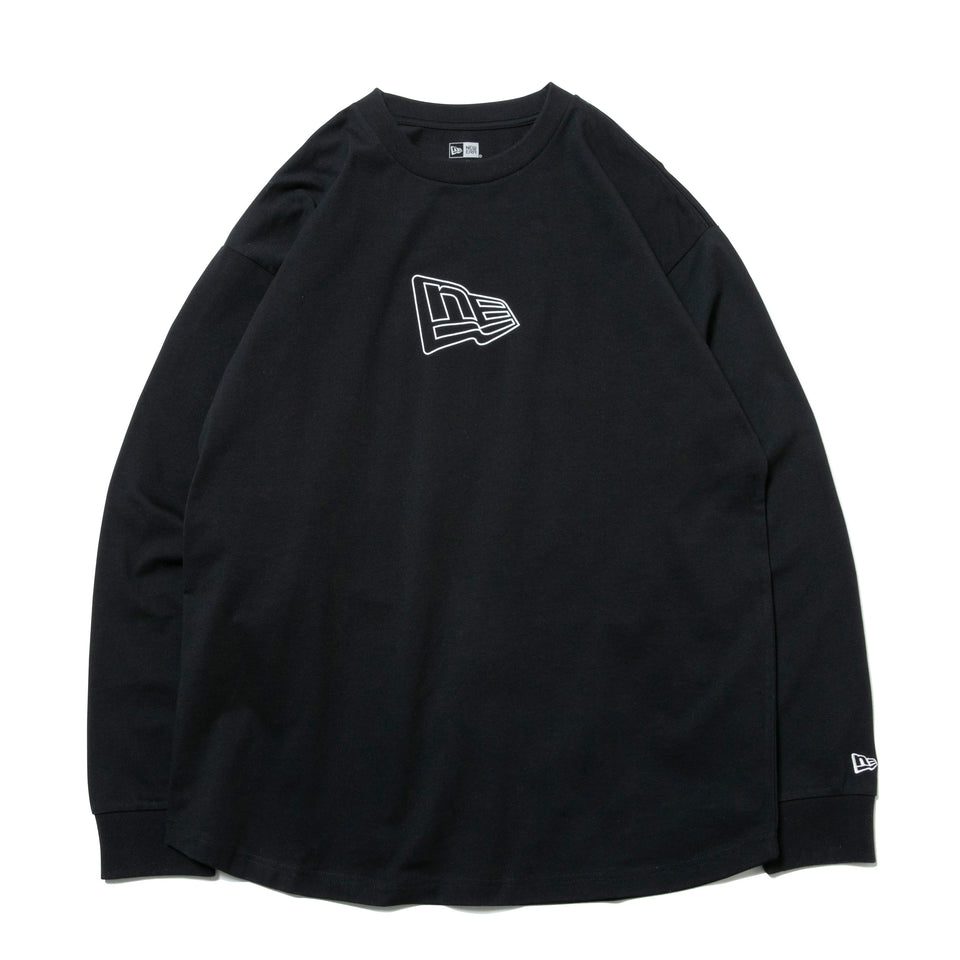 長袖 コットン オーバーサイズド Tシャツ アウトライン フラッグロゴ ブラック