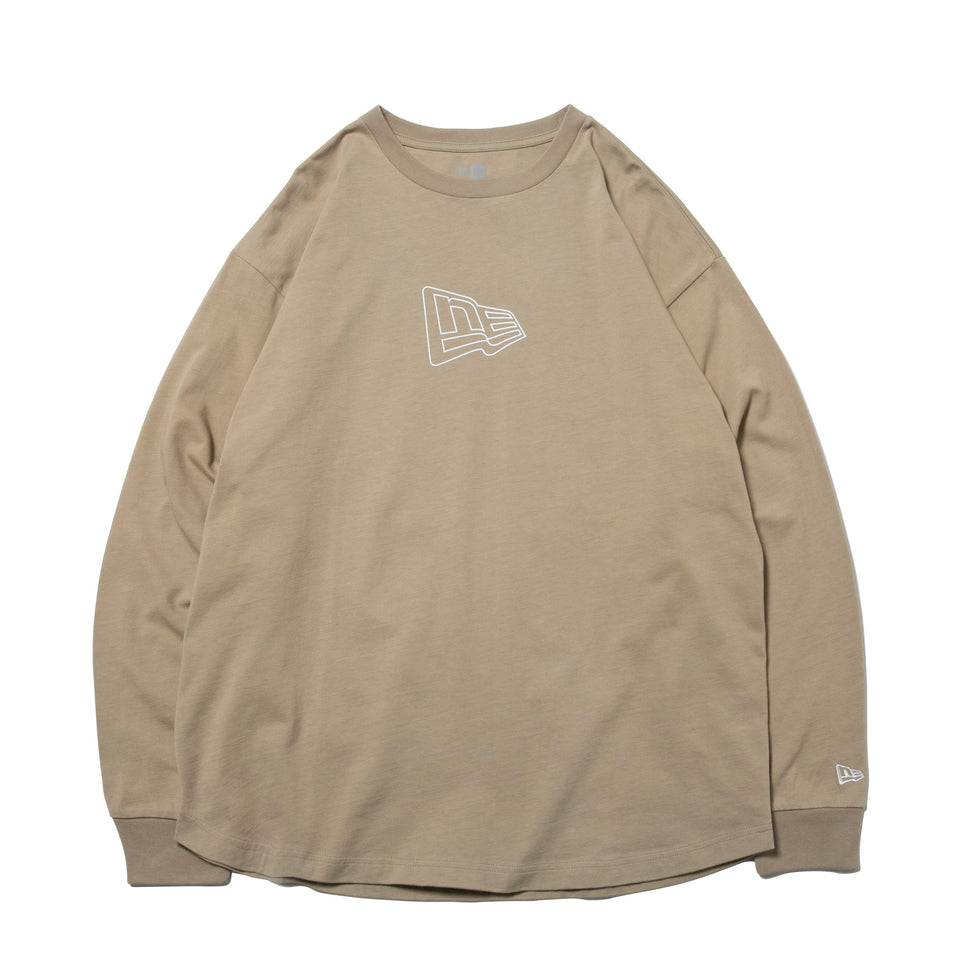 長袖 コットン オーバーサイズド Tシャツ アウトライン フラッグロゴ ベージュ