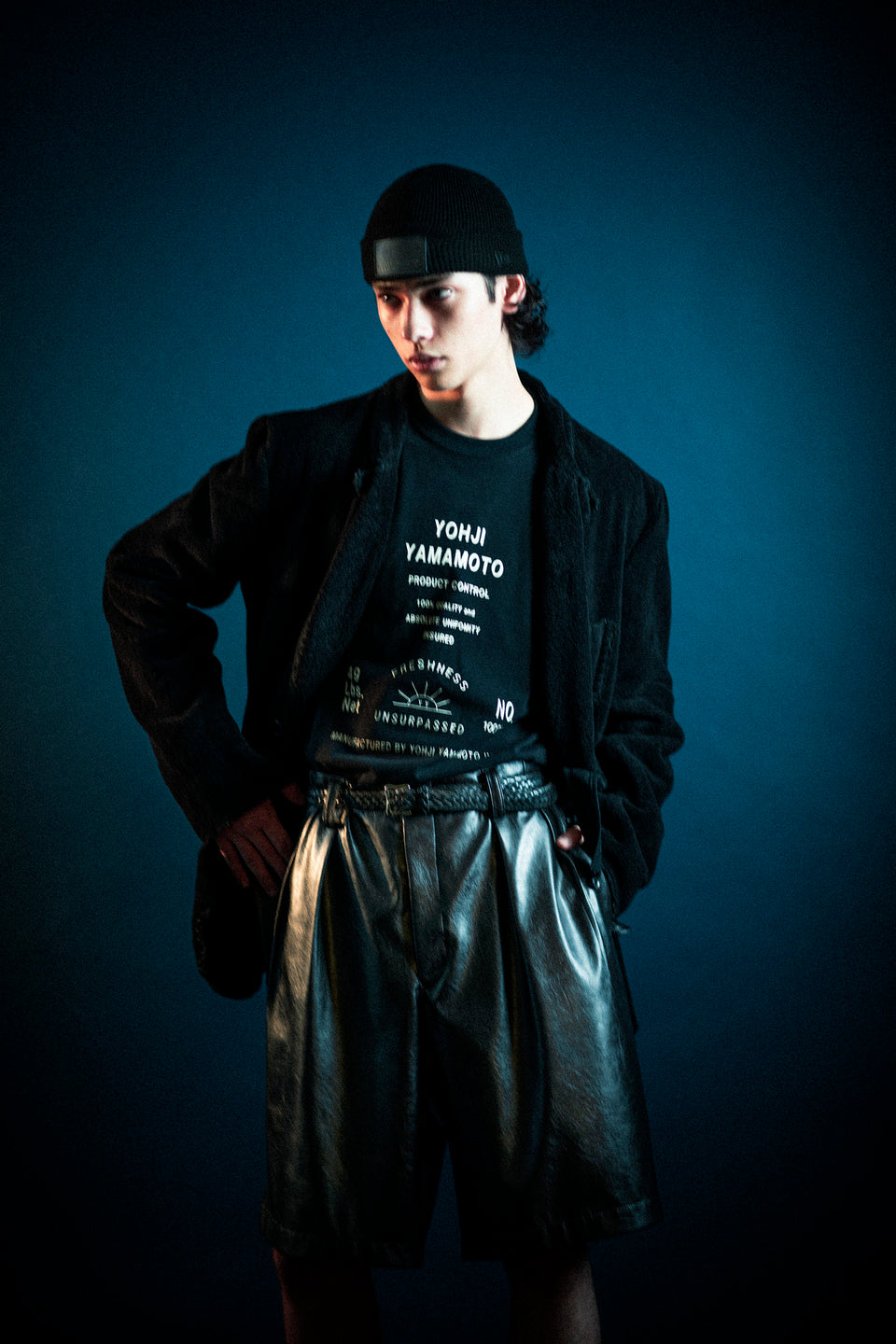 カフニット ショート Yohji Yamamoto FW21 ワッフル レザーパッチ ブラック